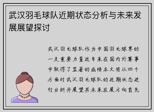 武汉羽毛球队近期状态分析与未来发展展望探讨