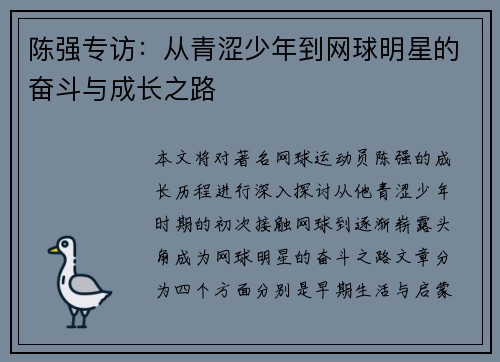 陈强专访：从青涩少年到网球明星的奋斗与成长之路