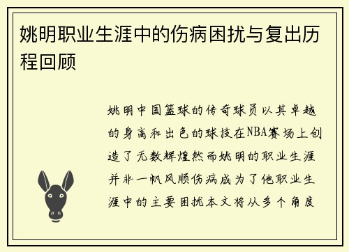 姚明职业生涯中的伤病困扰与复出历程回顾